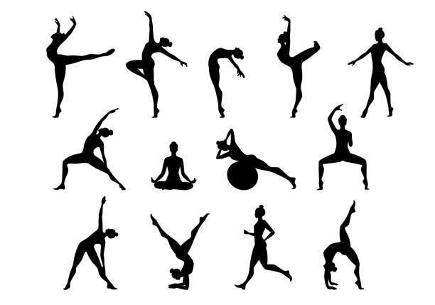 ilustraciones, imágenes clip art, dibujos animados e iconos de stock de conjunto de mujeres jóvenes deportivas delgadas haciendo ejercicios de fitness y yoga. diseño de ilustración de superposición de fallovectoriales vectoriales aislado sobre fondo blanco para gráficos de camiseta, iconos, carteles, impresión - stretching exercising gym silhouette