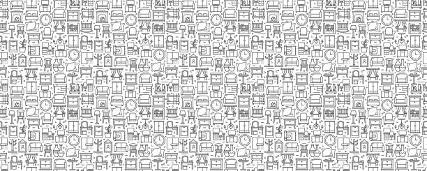 ilustrações de stock, clip art, desenhos animados e ícones de furniture related seamless pattern and background with line icons - interior designer