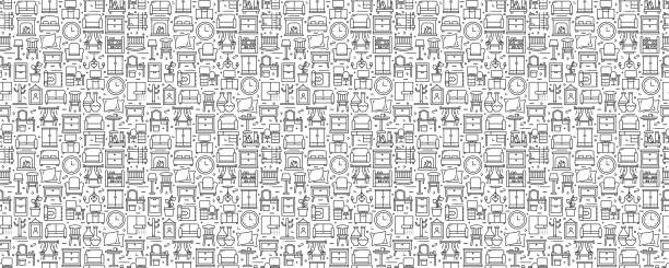 Furniture Related Seamless Pattern and Background with Line Icons Furniture Related Seamless Pattern and Background with Line Icons bathroom patterns stock illustrations