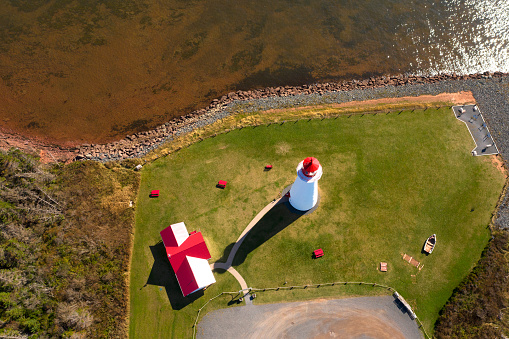 Aerial view of Point Prim lighthouse, Prince Edward Island, Canada
