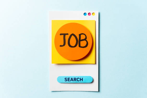 Job search post note with paper smartphone concept on blue background. Employment change or help wanted sign concept.