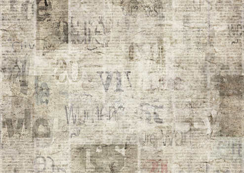 Newspaper with old unreadable text. Vintage grunge blurred paper news texture horizontal background. Textured page. Gray beige collage. Front top view.