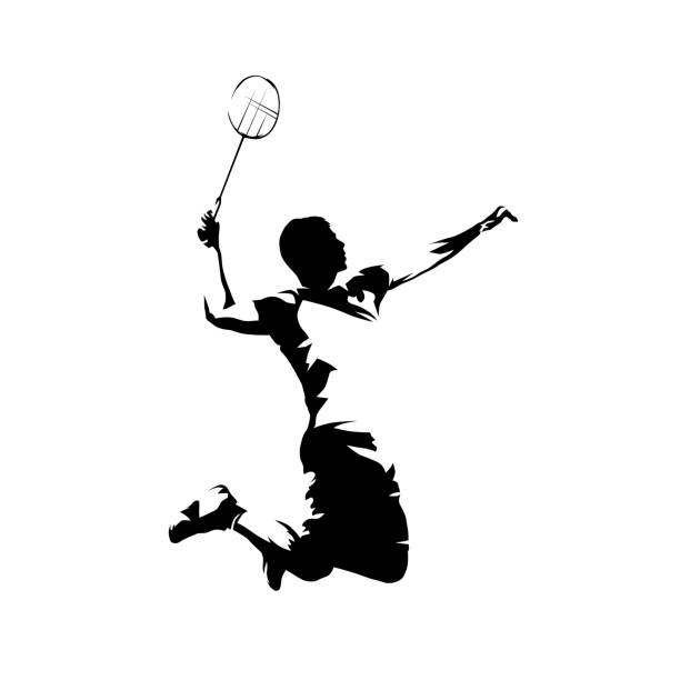 badmintonspieler, isolierte vektor-silhouette, tintenzeichnung - federball stock-grafiken, -clipart, -cartoons und -symbole
