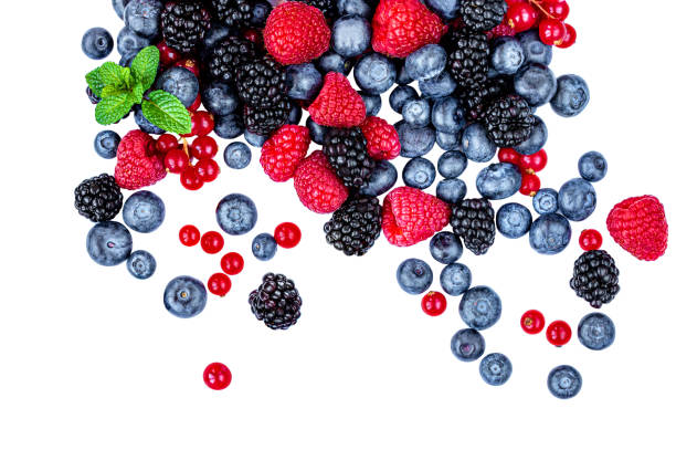 istock Sweet mix  berries isolated on white background, top view. Berry border frame. Flat lay. 1203011504