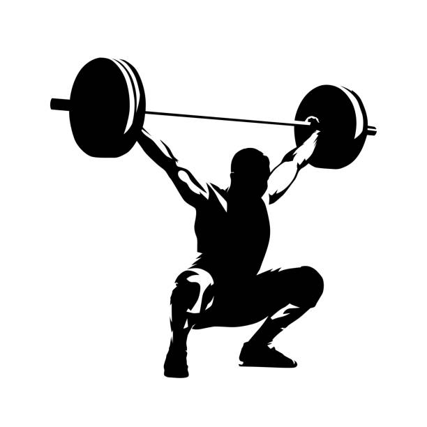 illustrazioni stock, clip art, cartoni animati e icone di tendenza di weightlifter solleva un grande bilanciere, silhouette vettoriale isolata, disegno a inchiostro - weightlifting