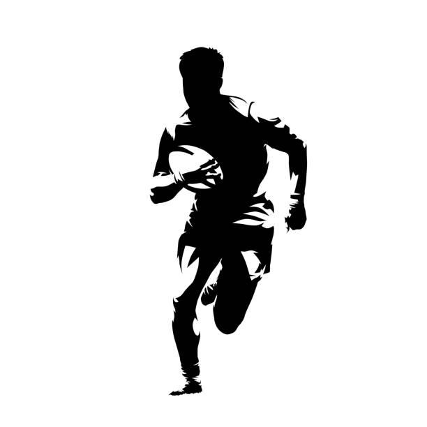 illustrazioni stock, clip art, cartoni animati e icone di tendenza di giocatore di rugby che corre con palla, silhouette vettoriale isolata, disegno a inchiostro - inks on paper immagine