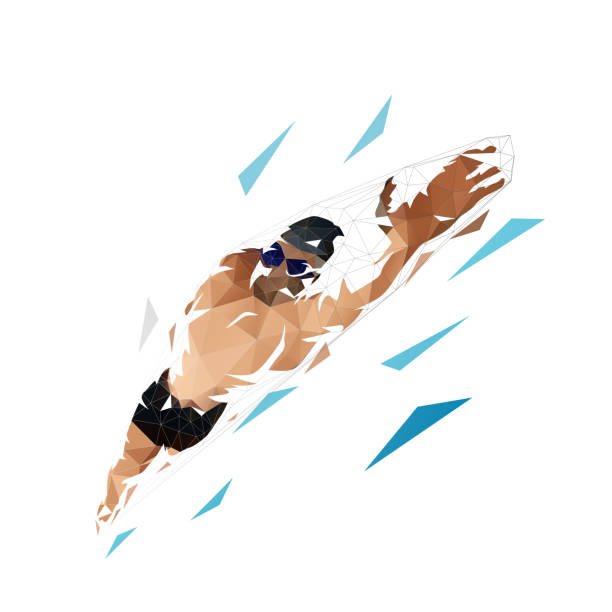 ilustrações, clipart, desenhos animados e ícones de natação rastejante, nadador vetorial isolado baixa ilustração poligonal - boia equipamento de desporto aquático