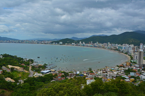 aerial view on beach and skyline in Barra district of Salvador da Bahia on sunny summer day