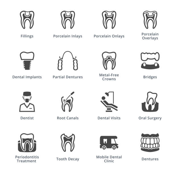 restaurative zahnmedizin icons - schwarze serie - human teeth dental hygiene dentist office human mouth stock-grafiken, -clipart, -cartoons und -symbole