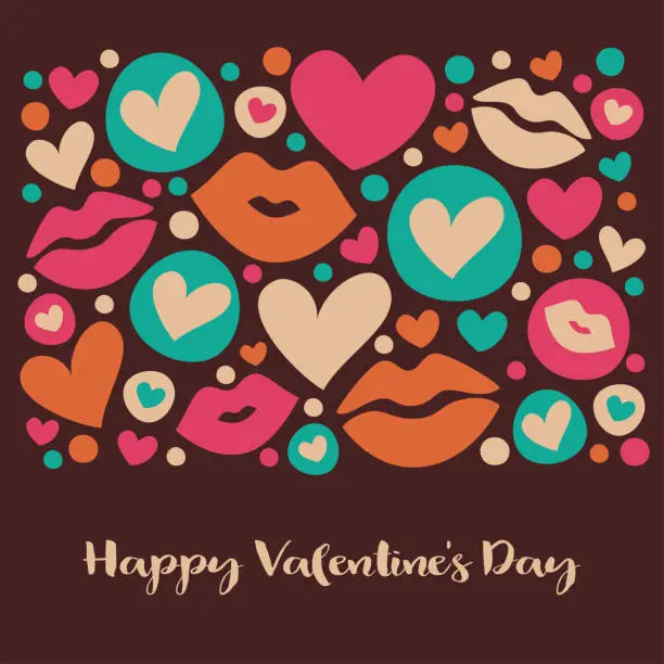 Vector illustration of Kisses and hugs Valentine's Day greeting card on brown background