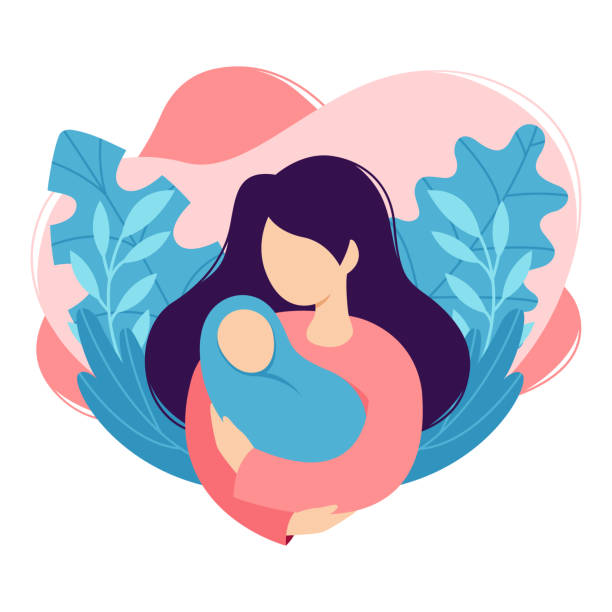 matka trzyma dziecko w ramionach. kobieta kołysze noworodka. projekt kreskówek, zdrowie, opieka, macierzyństwo. ilustracja wektorowa odizolowana na białym tle w modnym płaskim stylu. - baby mother family crib stock illustrations