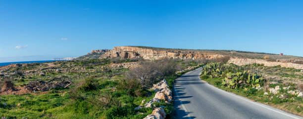 istock Empty countryside road in Malta surrounded by fields under blue sky in sunny winter day with nobody 1203022251