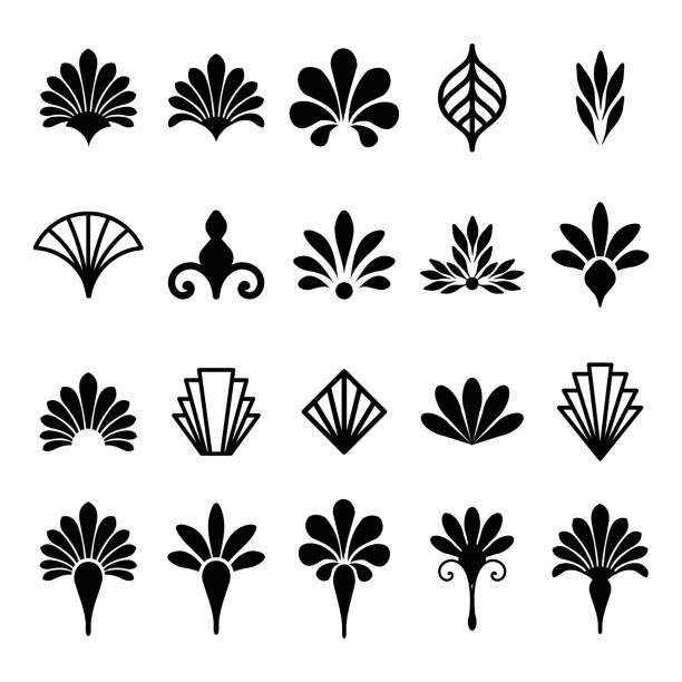 Beautiful set of Art Deco, Gatsby palmette ornates from 1920s fashion and design trends vector Beautiful set of Art Deco, Gatsby palmette ornates from 1920s fashion and design trends vector art palm icon stock illustrations
