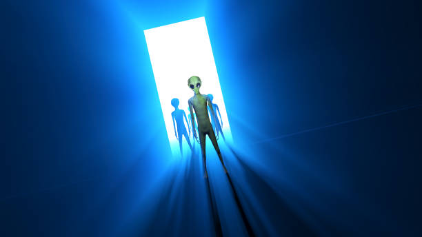 Creepy silhouettes of aliens and bright light in the background. 3D illustration. stock photo