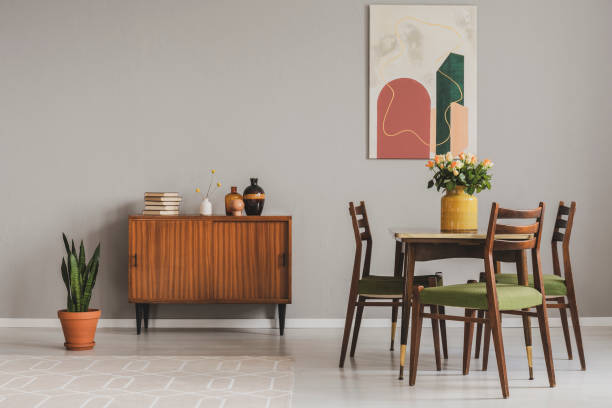 istock Vintage cupboard in grey elegant living room interior, copy space on empty wall 1203028584
