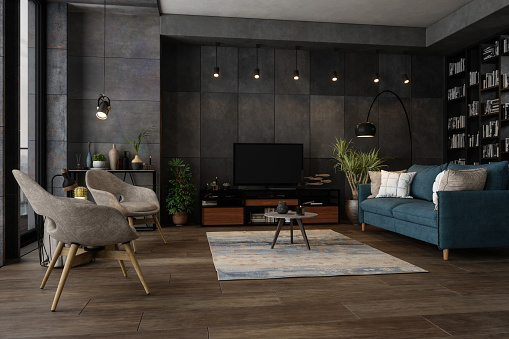 istock Modern Living Room In The Evening 1203029609