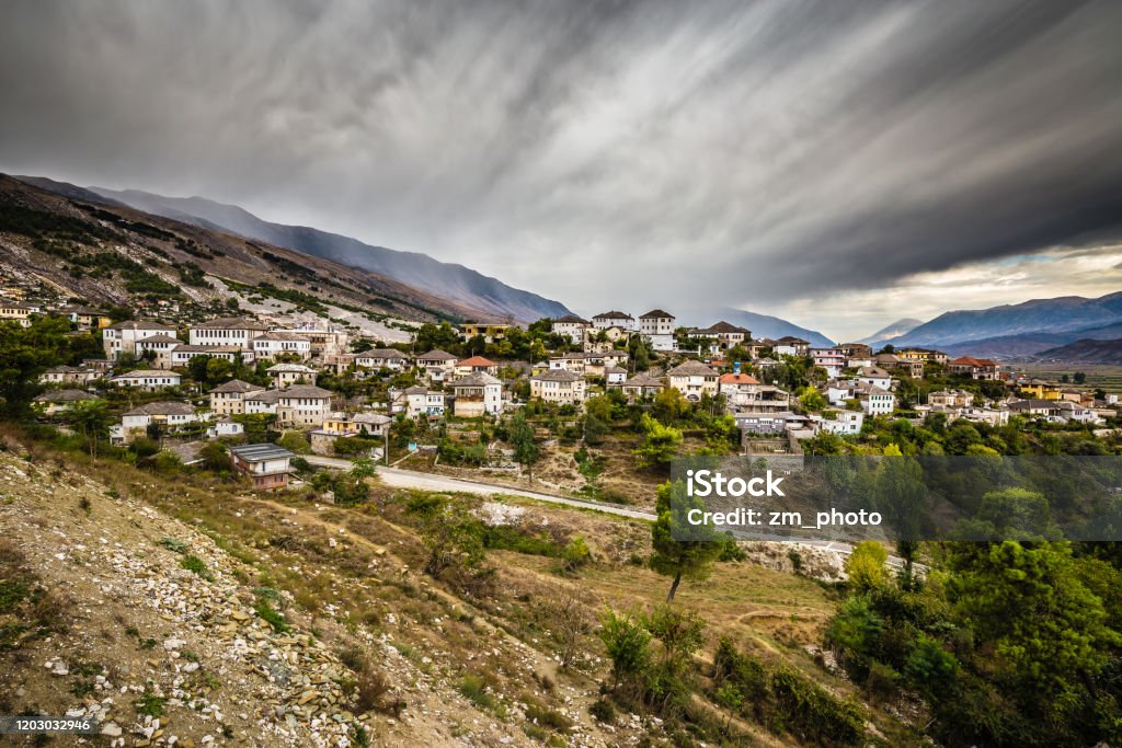 Ottoman Town Of Gjirokaster In Albania Ottoman Town Of Gjirokaster - Gjirokaster County, Albania, Europe Hill Stock Photo