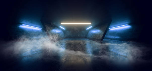 istock Smoke Fog Dark Empty Neon Led Laser Glowing Blue Pantone Modern Underground Garage Parking Showcase Car Concrete Grunge Sci Fi 3D Rendering 1203033897