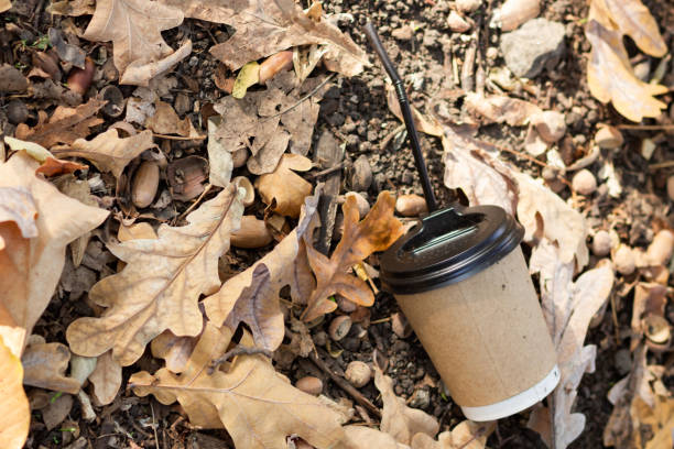 istock Paper coffee cup with plastic lid on the ground. Discarded disposable coffee cup with a plastic lid. Empty single use paper coffee cup 1203035841