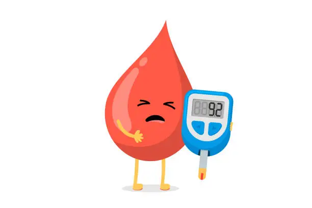 Vector illustration of Cute cartoon sick blood drop character with glucometer. Diabetic glucose measuring device with indication sugar level. Vector high glucose diabetes risk illustration
