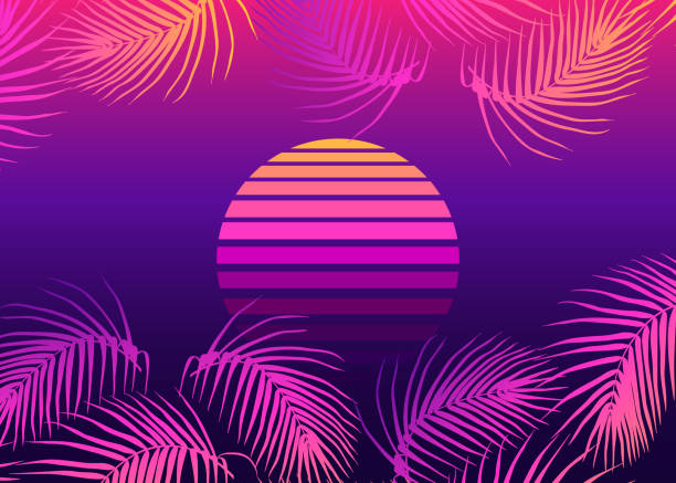istock Retrofuturistic landscape with palm leaves and sunset sphere. Vaporwave, retrowave style background. Vector illustration. 1203037303