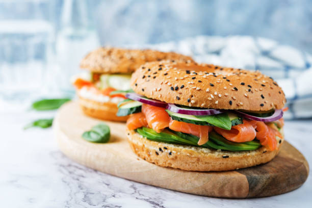 istock Smoked salmon ricotta cheese cucumber bagel 1203037490