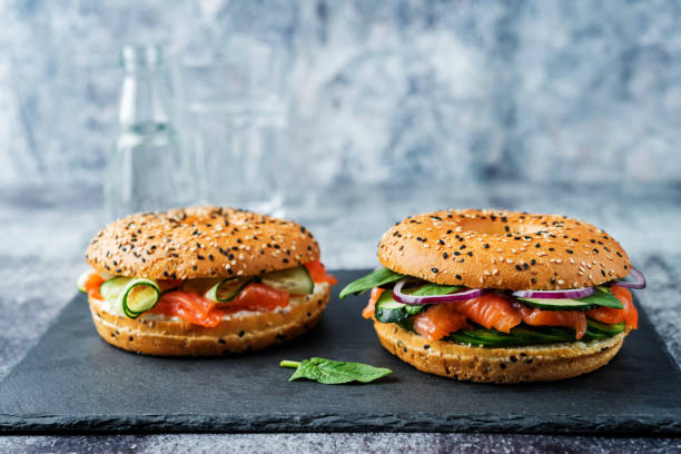 istock Smoked salmon ricotta cheese cucumber bagel 1203037600