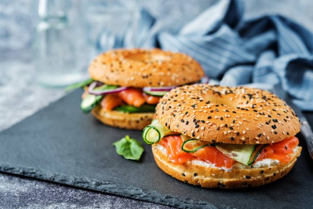 istock Smoked salmon ricotta cheese cucumber bagel 1203037603