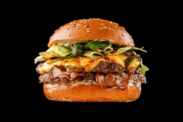 21 hamburger su sfondo nero per il menu. hamburger in bianco e nero con carne, cotoletta di pollo, insalata, uova. - burger foto e immagini stock