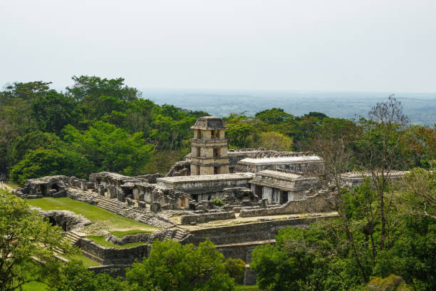 Overview of Mayan Archeological ruins in Palenque Tabasco Mexico and background of rainforest