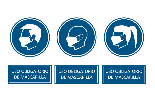 MASKS MUST BE WORN VECTOR SIGN IN SPANISH Masks must be worn vector sign in spanish for public places, airports, hospitals... customs airport sign air transport building stock illustrations