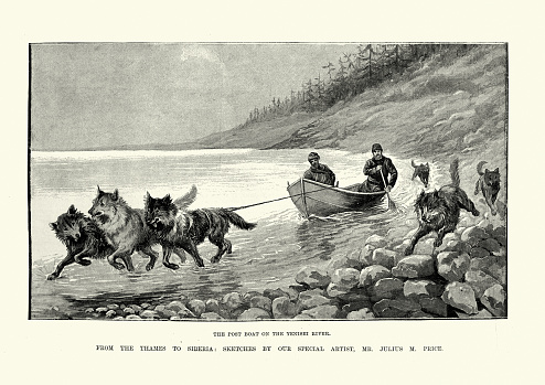 Vintage engraving of Dog team pulling the post boat on the Yenisei River, Russia, 19th Century.