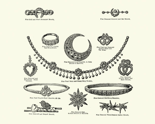 illustrazioni stock, clip art, cartoni animati e icone di tendenza di gioielli vittoriani, diamante, perla, spilla, anello, necklet - brooch jewelry antique gem