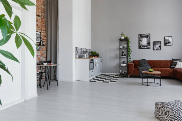 istock Open space studio apartment with kitchen and living area 1203040424