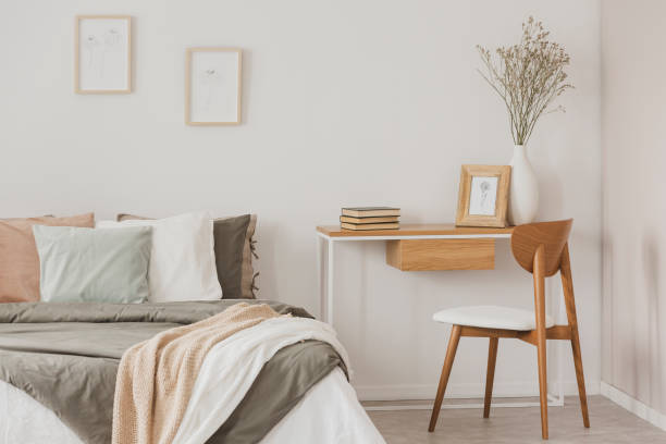 istock Female elegant bedroom interior in scandinavian style 1203041646