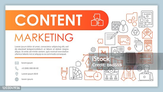 istock Content marketing banner, business card template. SMM, copywriting. Company contact with phone, email line icons. Promo campaign, advertising. Presentation, web page idea. Corporate print layout 1203041936