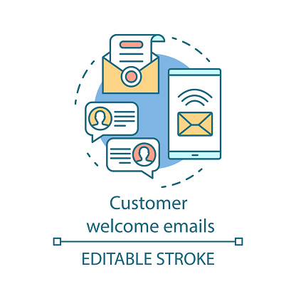 Customer welcome emails concept icon. Greeting message idea thin line illustration. Email marketing. New subscriber. Emails sending, communication. Vector isolated outline drawing. Editable stroke