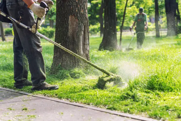 Photo of Worker mowing tall grass with electric or petrol lawn trimmer in city park or backyard. Gardening care tools and equipment. Process of lawn trimming with hand mower