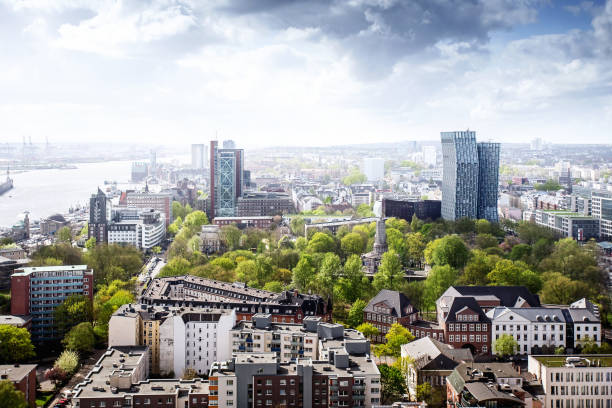View of Hamburg St. Pauli, the harbour, Landungsbrücken and the Dancing Towers on the Reeperbahn