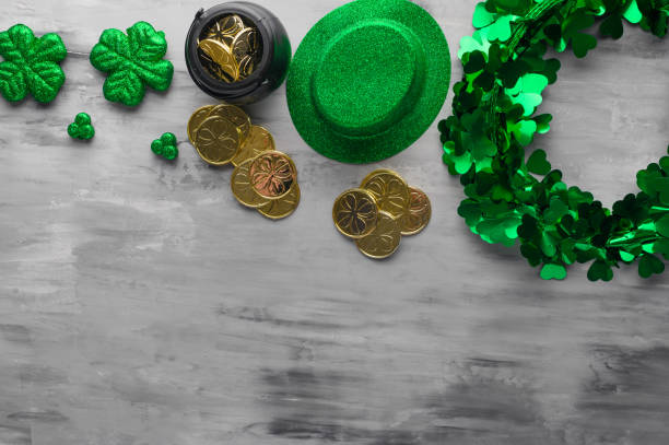 istock Flat lay, St. Patrick's Day, March 17, on a light background 1203052011