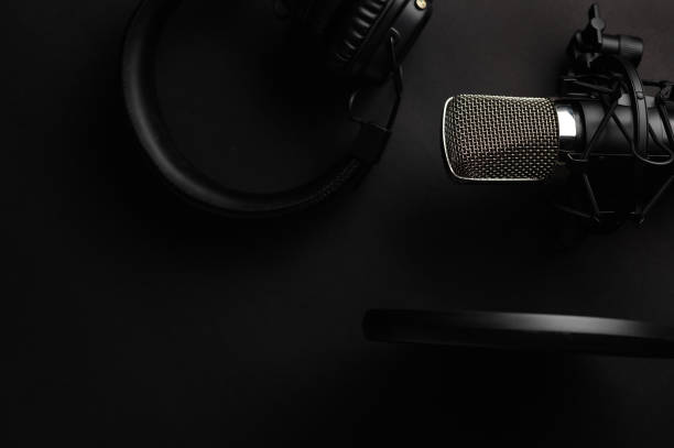istock Flat lay, Studio microphone with pop filter and professional headphones. Black on a black background. Podcasts, radio, streams 1203054712