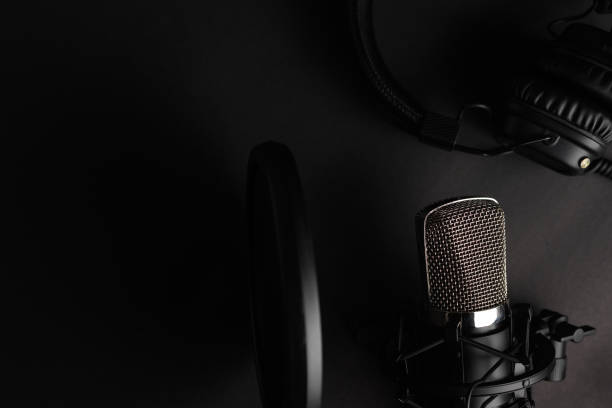 istock Flat lay, Studio microphone with pop filter and professional headphones. Black on a black background. Podcasts, radio, streams 1203054779