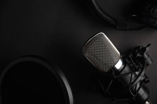 istock Black studio microphone on a black background with a pop filter with space for design, baner with space 1203054870