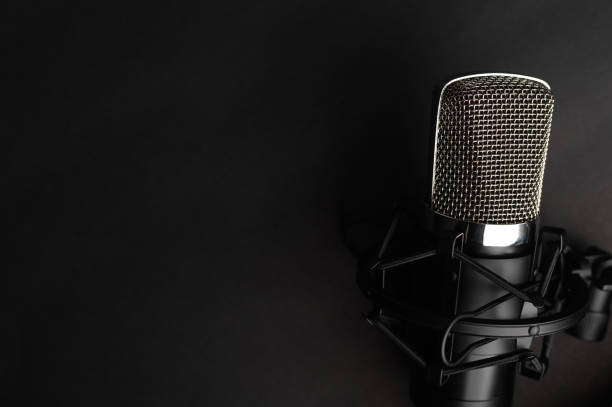 istock Condenser black studio microphone on a black background. Streamer, podcasts, music background 1203055201