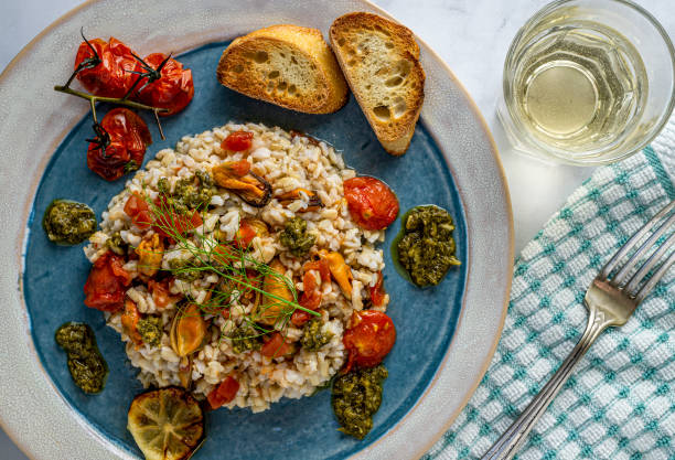 istock Mussels in rice pilaf with Pesto sauce 1203056402