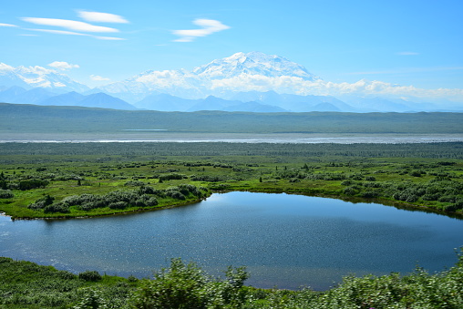 Snowcapped Denali rises out of the landscape behind Reflection Pond in Denali National Park, Alaska.