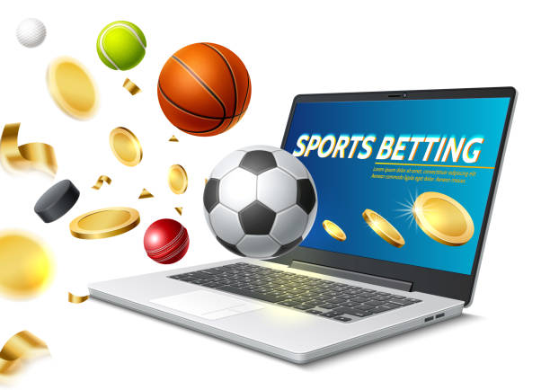 Vector online sports betting mobile app laptop Online sports betting concept with realistic laptop with basketball, football tennis and other balls flying away from laptop screen with golden coins. Vector internet betting mobile application. sports betting stock illustrations
