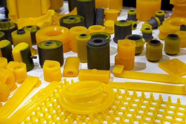Products from polyurethane on the exhibition stand. Industry stock photo