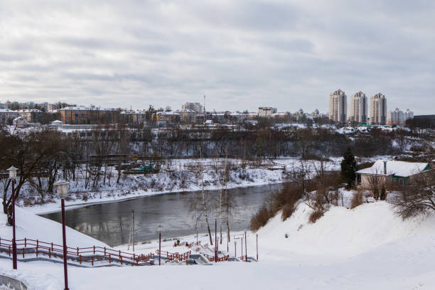 Grodno, Belarus - January 12, 2019: Panoramic view of Grodno with the river Nemunas in winter.