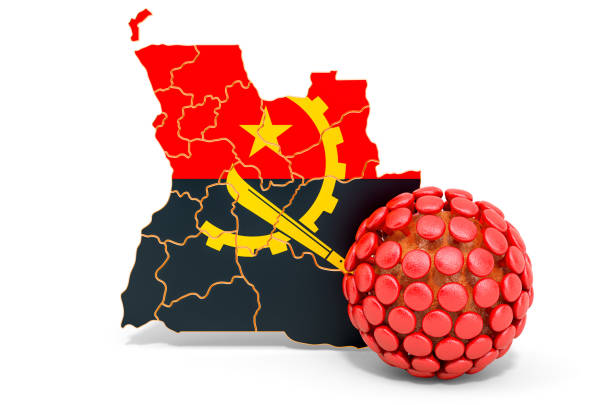 Map of Angola on political globe with embedded flags. 3D illustration. 3D model of planet created and rendered in Cheetah3D software, 29 Sep 2017.